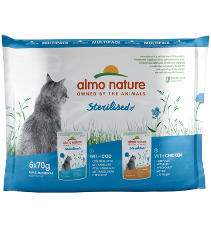 ALMO NATURE STERILISED MULTIPACK: MERLUZZO E POLLO 6x70 GR.