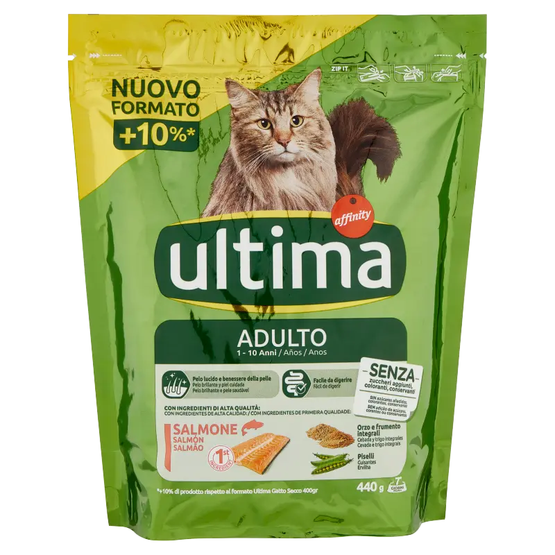 ULTIMA CROCCHETTE PER GATTI ADULTI CON SALMONE, ORZO E FRUMENTO INTEGRALI 440 GR.