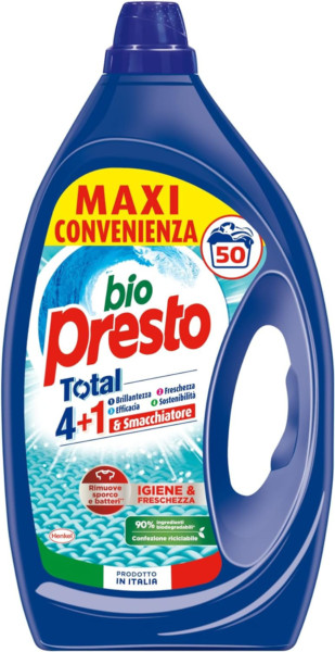 BIO PRESTO TOTAL IGIENE E FRESCHEZZA DETERSIVO PER IL BUCATO 4+1 E SMACCHIATORE 50 LAVAGGI 2.25 LT.