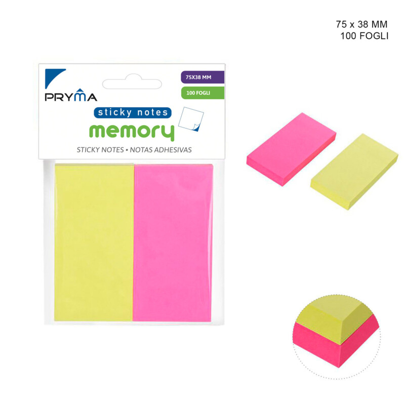 BLOCK NOTES ADESIVO 75X38MM 100 FOGLI - CONFEZIONE DA 2 BLOCCHETTI COLORATI