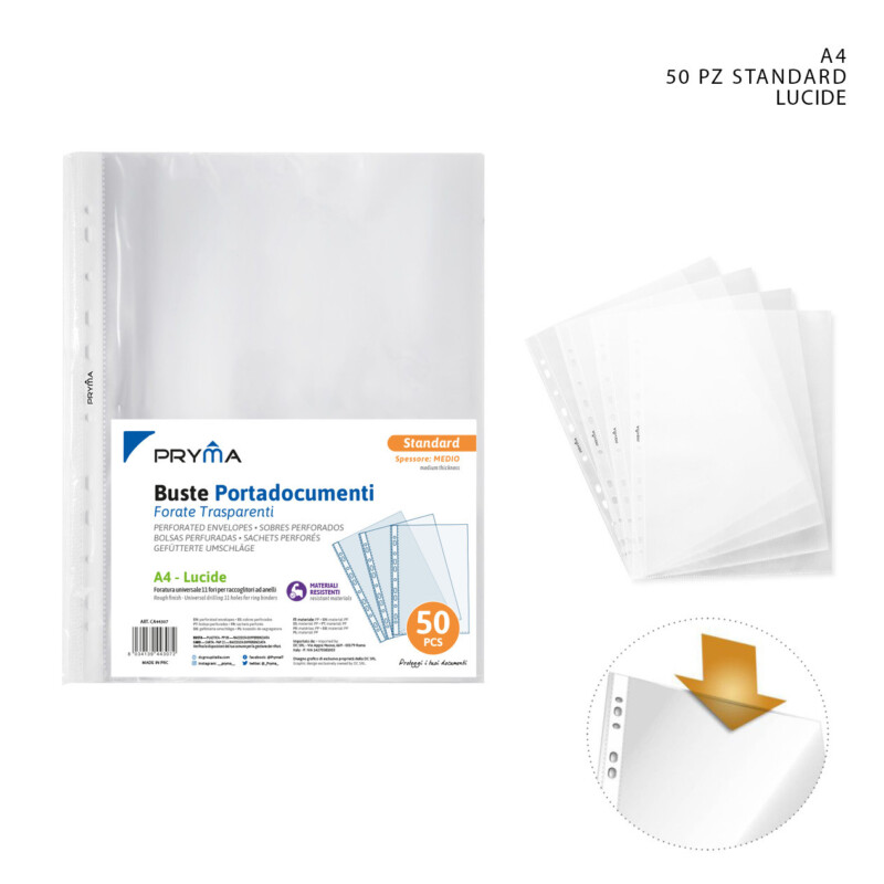 BUSTE PORTADOCUMENTI STANDARD TRASPARENTE LUCIDA A4 - 50 PEZZI
