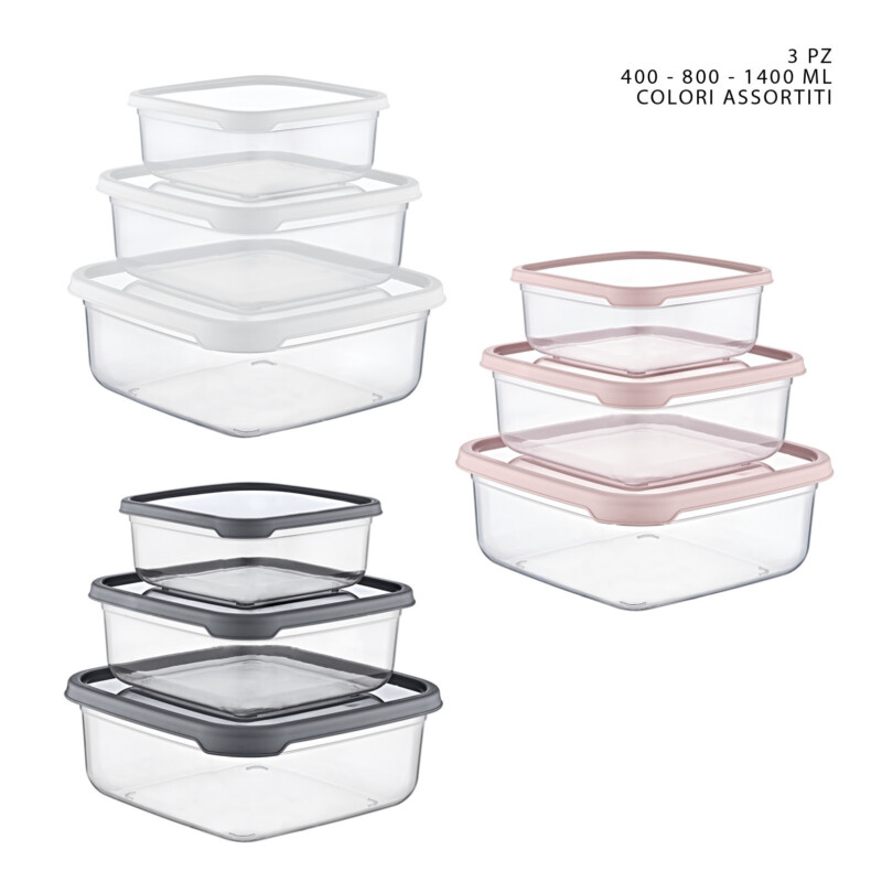 CONTENITORI IN PLASTICA QUADRATI 400-800-1400ML - 3PZ