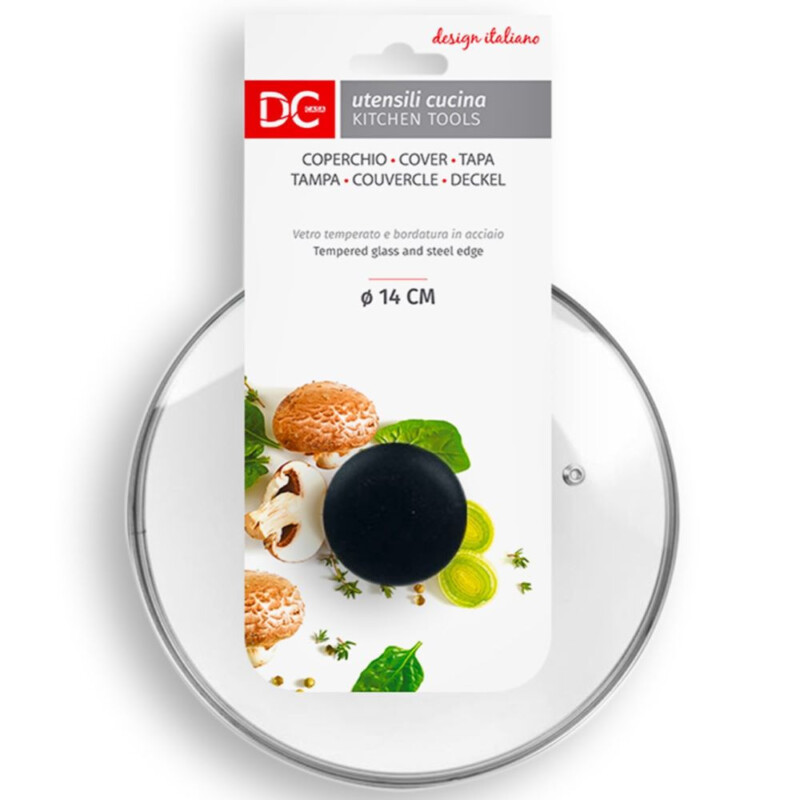 COPERCHIO IN VETRO TEMPERATO E BORDATURA IN ACCIAIO CON FORO Ø 14 CM.