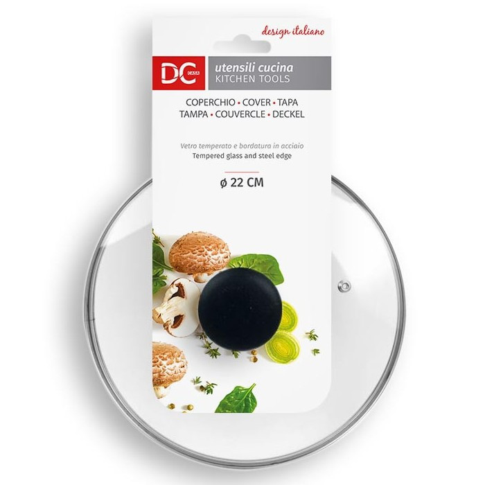 COPERCHIO IN VETRO TEMPERATO E BORDATURA IN ACCIAIO CON FORO Ø 22 CM.