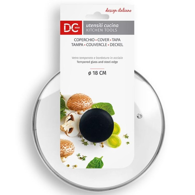 COPERCHIO IN VETRO TEMPERATO E BORDATURA IN ACCIAIO CON FORO Ø 18 CM.