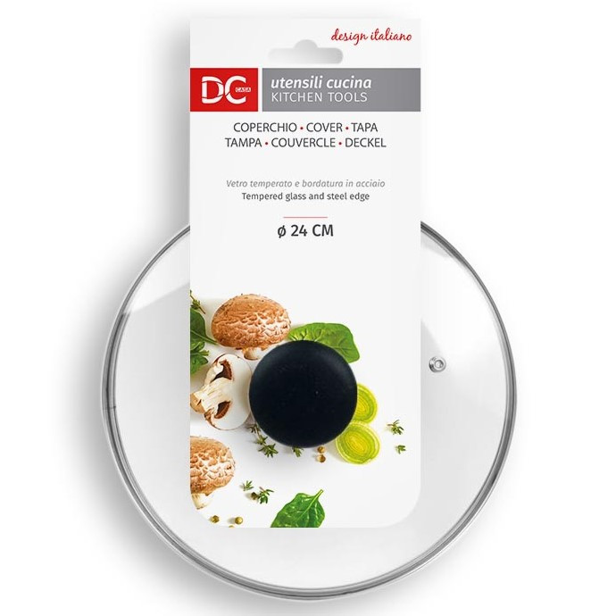 COPERCHIO IN VETRO TEMPERATO E BORDATURA IN ACCIAIO CON FORO Ø 24 CM.