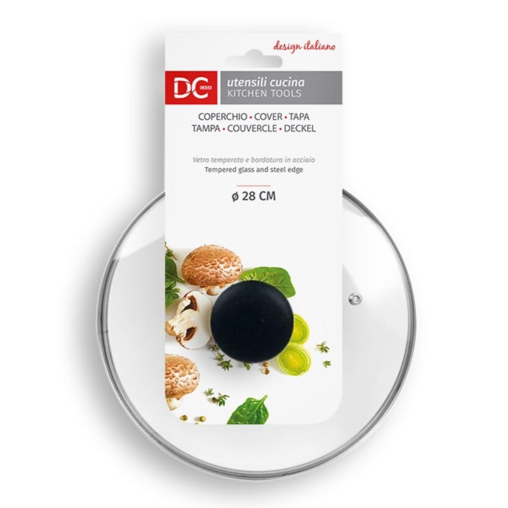 COPERCHIO IN VETRO TEMPERATO E BORDATURA IN ACCIAIO CON FORO Ø 28 CM.