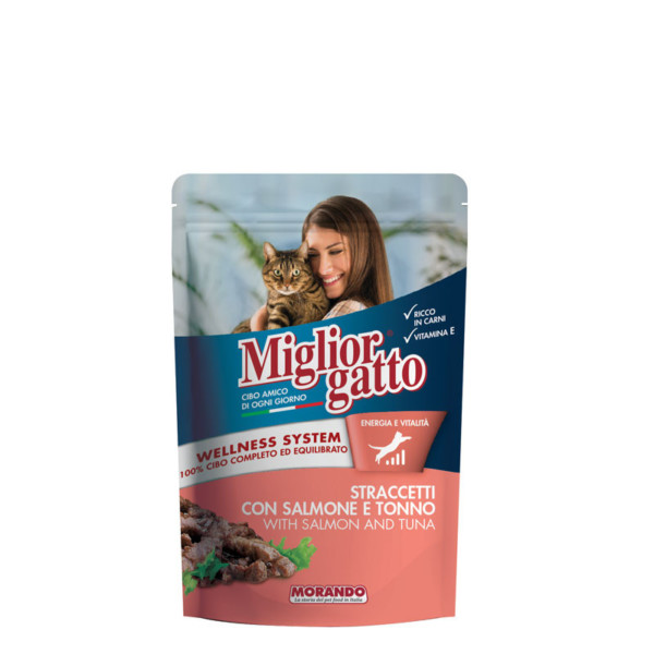 MIGLIOR GATTO STRACCETTI CON SALMONE E TONNO WELLNESS SYSTEM 100 GR.