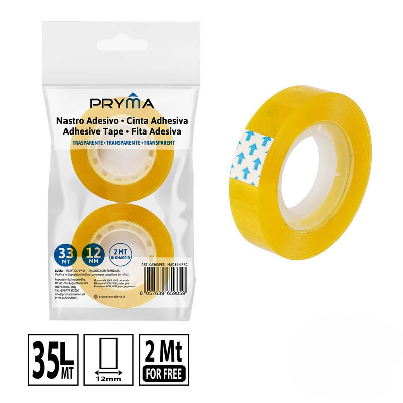NASTRO ADESIVO TRASPARENTE GIALLO 12MMx33M+2M OMAGGIO 2PZ