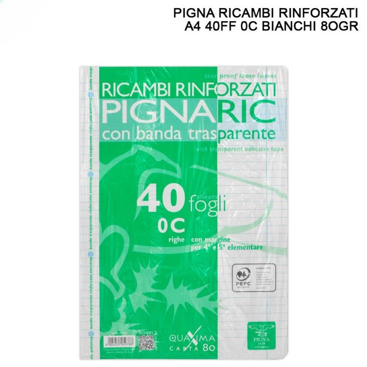 PIGNA 0C RICAMBI RINFORZATI PER QUADERNI A RIGHE CON MARGINI A4 CON BANDA TRASPARENTE - 40 FOGLI