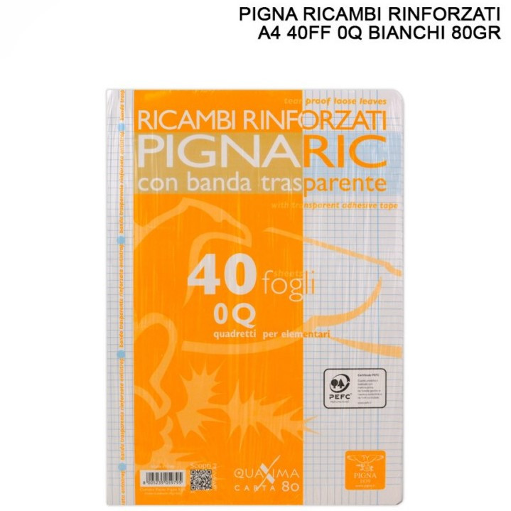 PIGNA 0Q RICAMBI RINFORZATI PER QUADERNI A QUADRETTI 5 MM CON MARGINI A4 CON BANDA TRASPARENTE - 40 FOGLI