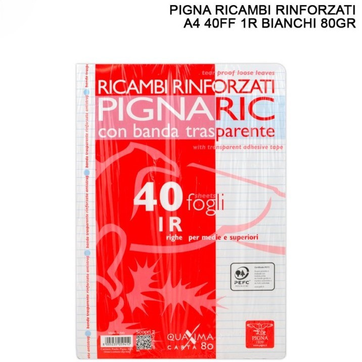 PIGNA 1R RICAMBI RINFORZATI PER QUADERNI A RIGHE SENZA MARGINI A4 CON BANDA TRASPARENTE - 40 FOGLI