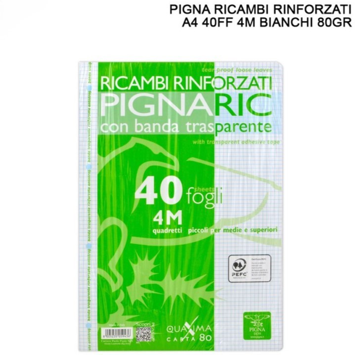 PIGNA 4M RICAMBI RINFORZATI PER QUADERNI A QUADRETTI 4MM SENZA MARGINI A4 CON BANDA TRASPARENTE - 40 FOGLI