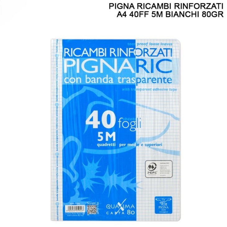 PIGNA 5M RICAMBI RINFORZATI PER QUADERNI A QUADRETTI 5MM SENZA MARGINI A4 CON BANDA TRASPARENTE - 40 FOGLI