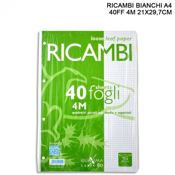 PIGNA RICAMBI 4M RICAMBI PER QUADERNI A QUADRETTI 4MM SENZA MARGINI A4 - 40 FOGLI
