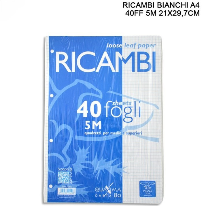 PIGNA RICAMBI 5M RICAMBI PER QUADERNI A QUADRETTI 5MM SENZA MARGINI A4 - 40 FOGLI
