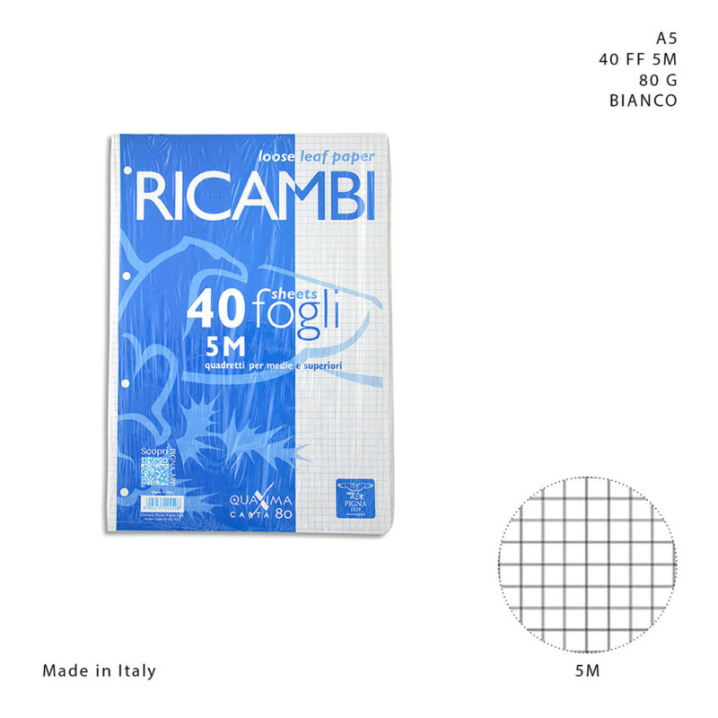 PIGNA RICAMBI FORMATO A5 A QUADRETTI DI 5 MM SENZA MARGINI - 40 FOGLI