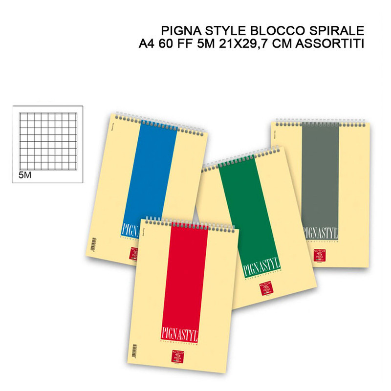 PIGNASTYL BLOCK NOTES A SPIRALE A4 A QUADRETTI SENZA MARGINI 5M 60 FOGLI 21x29.7 CM.