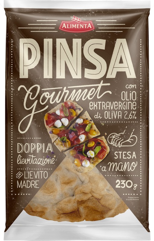 ALIMENTA PINSA GOURMET CON OLIO EXTRAVERGINE DI OLIVA, LIEVITO MADRE E COTTA SU PIETRA 230 GR.