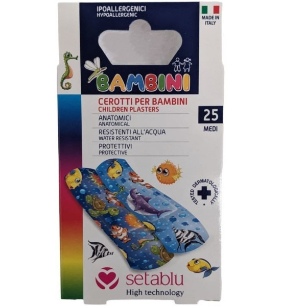 SETABLU CEROTTI PER BAMBINI ANATOMICI, RESISTENTI ALL'ACQUA CON SIMPATICHE FANTASIE - CONFEZIONE DA 25 CEROTTI MEDI 7x2 CM.