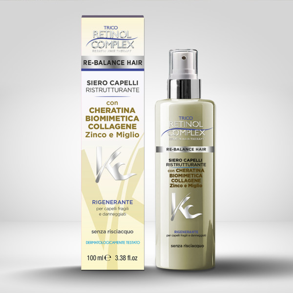 TRICO RETINOL COMPLEX SIERO CAPELLI RISTRUTTURANTE CON CHERATINA BIOMIMETICA, COLLAGENE, ZINCO E MIGLIO RIGENERANTE PER CAPELLI FRAGILI E DANNEGGIATI 100 ML.