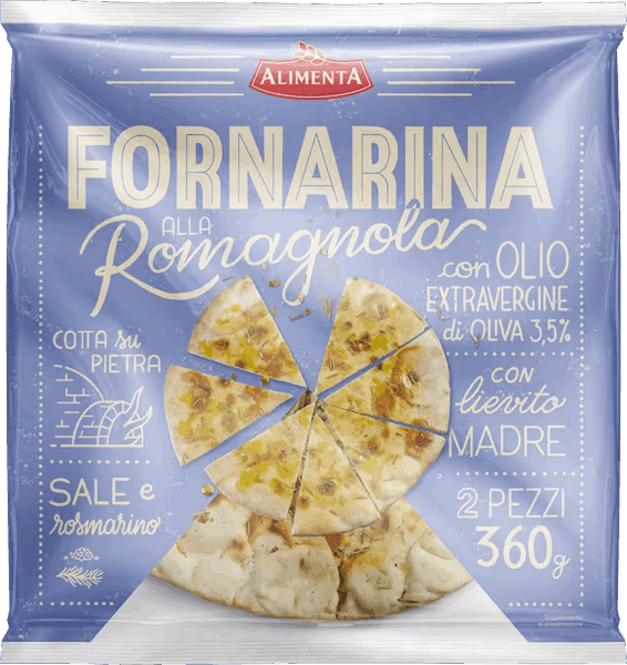 ALIMENTA FORNARINA ALLA ROMAGNOLA CON OLIO EXTRAVERGINE DI OLIVA, LIEVITO MADRE SALE E ROSMARINO 2 PEZZI 360 GR.