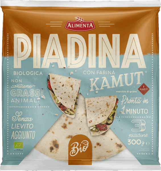 ALIMENTA PIADINA BIOLOGICA CON FARINA DI KAMUT SENZA GRASSI ANIMALI 3 PEZZI 300 GR.